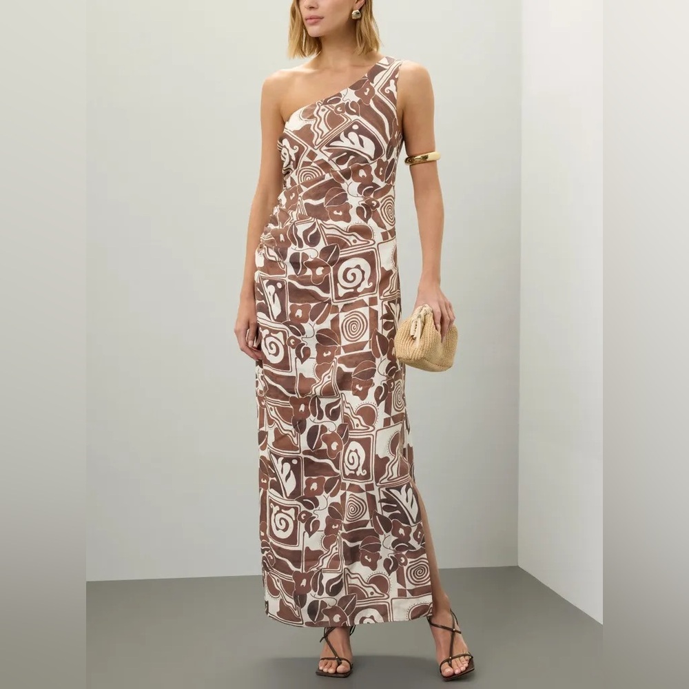 Mara Hoffman One-Shoulder Brown and White Printed Maxi Dress